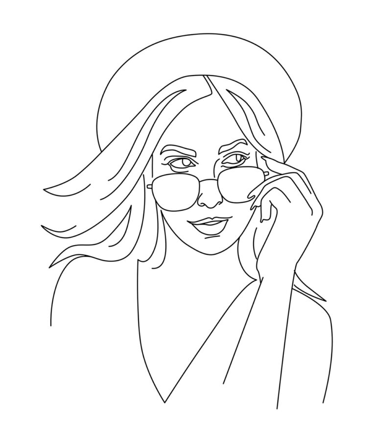 Vektorová grafika ve stylu one line – dívka v brýlích a klobouku