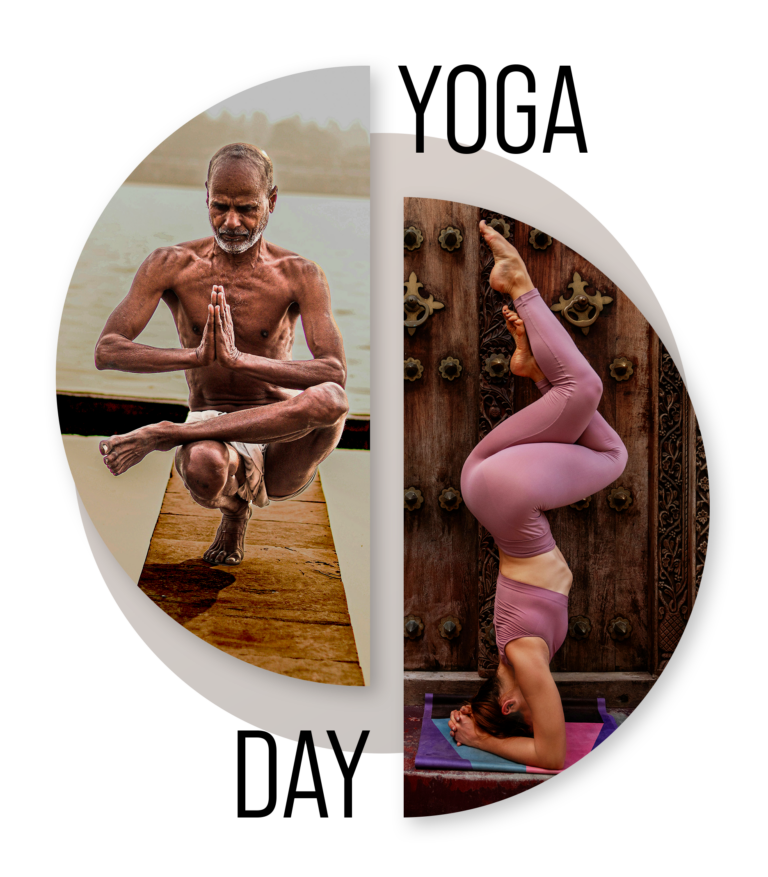 Grafika -Muž a žena cvičící jogu - text Yoga Day