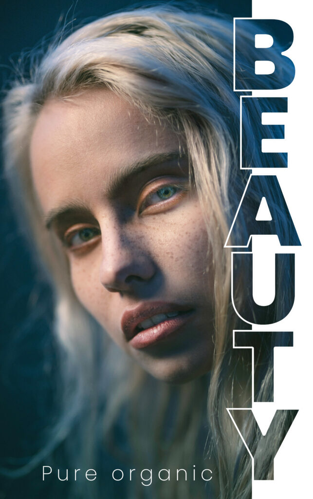 Grafika -Kolorizovaná fotografie dívky s výrazným nápisem 'Beauty' a podtitulem 'Pure Organic'